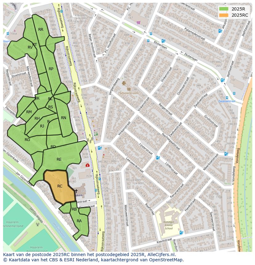 Afbeelding van het postcodegebied 2025 RC op de kaart.