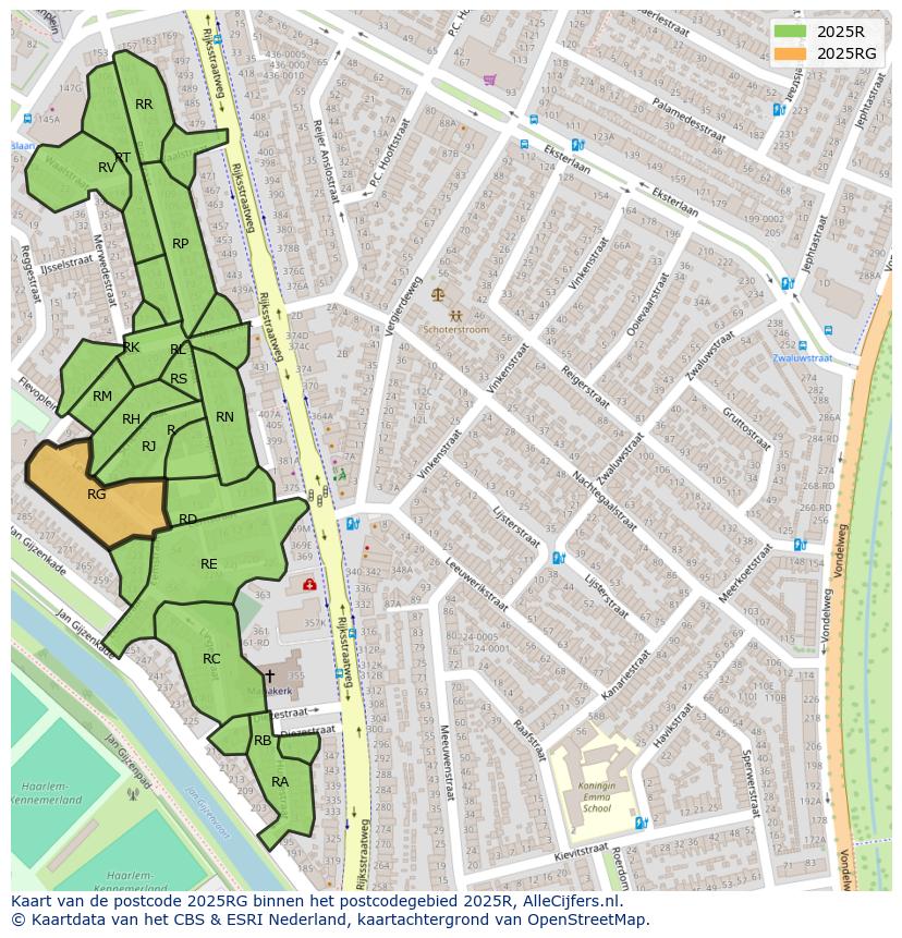 Afbeelding van het postcodegebied 2025 RG op de kaart.