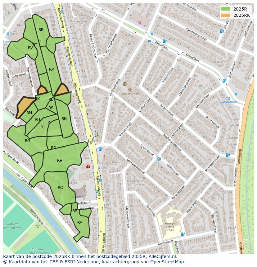 Afbeelding van het postcodegebied 2025 RK op de kaart.
