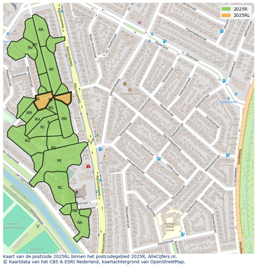 Afbeelding van het postcodegebied 2025 RL op de kaart.