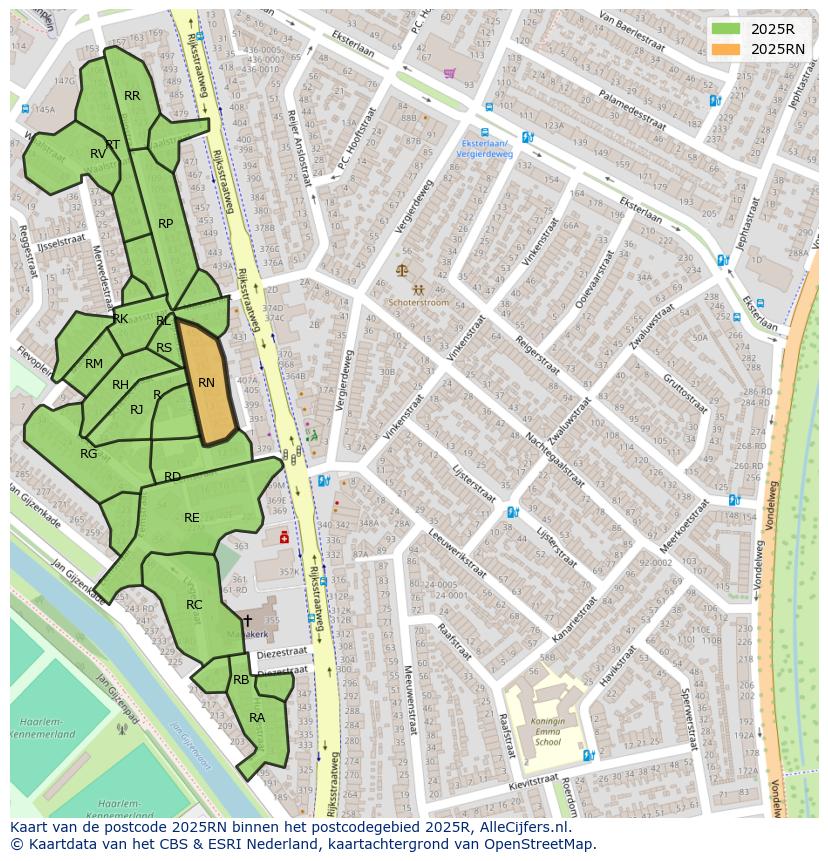 Afbeelding van het postcodegebied 2025 RN op de kaart.