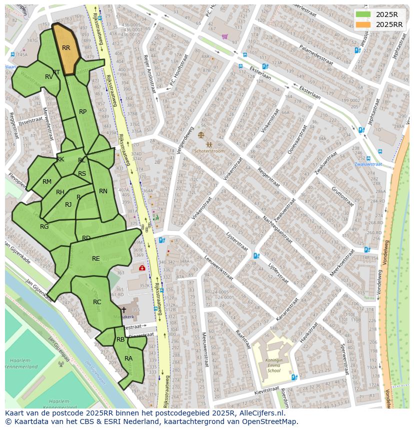 Afbeelding van het postcodegebied 2025 RR op de kaart.