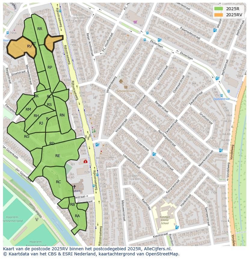 Afbeelding van het postcodegebied 2025 RV op de kaart.