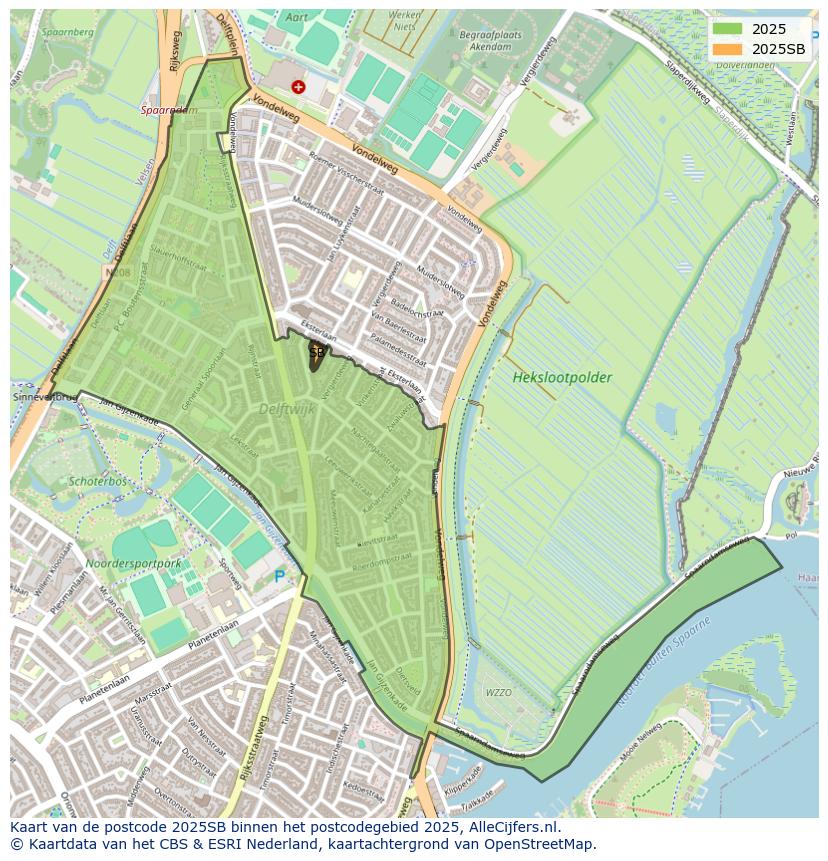 Afbeelding van het postcodegebied 2025 SB op de kaart.
