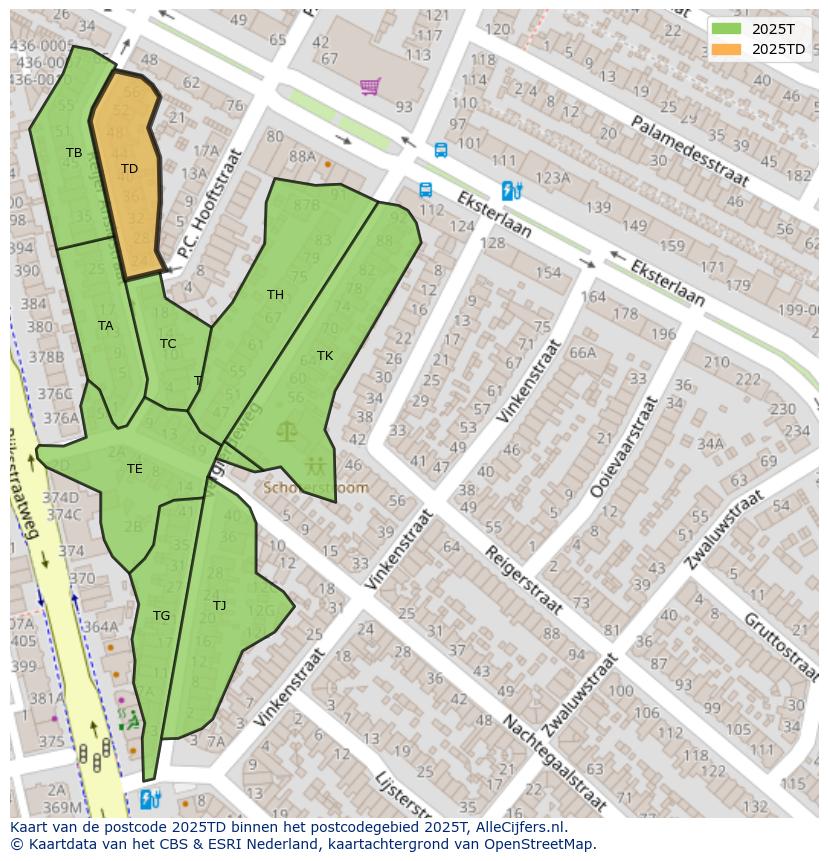 Afbeelding van het postcodegebied 2025 TD op de kaart.