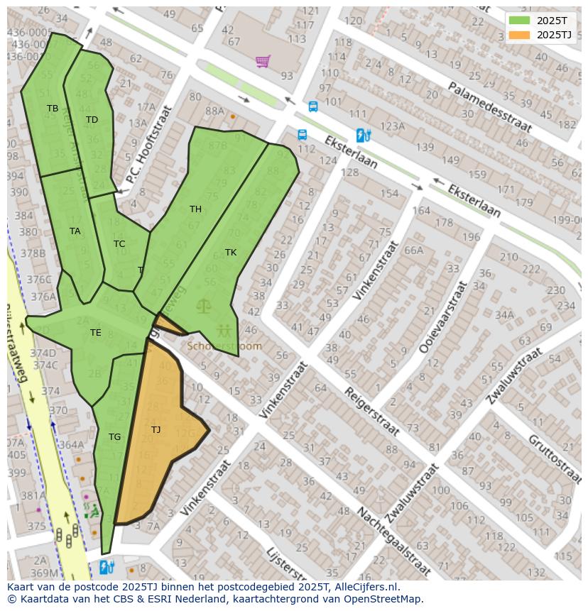 Afbeelding van het postcodegebied 2025 TJ op de kaart.