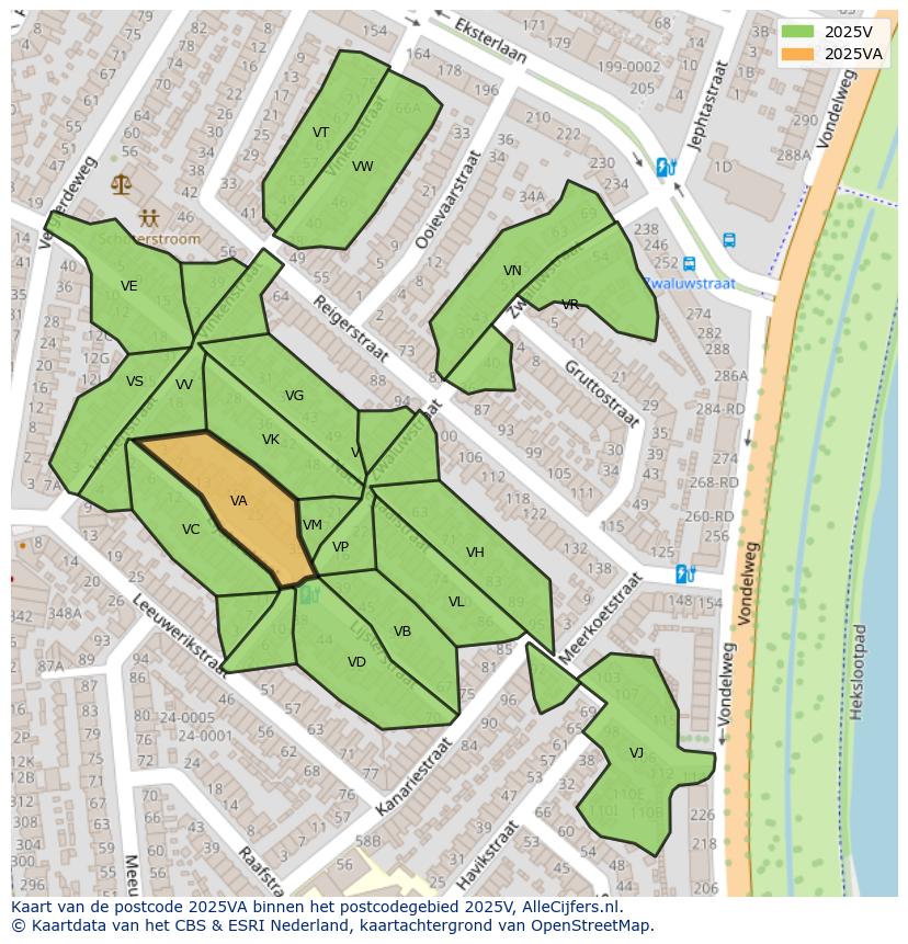 Afbeelding van het postcodegebied 2025 VA op de kaart.