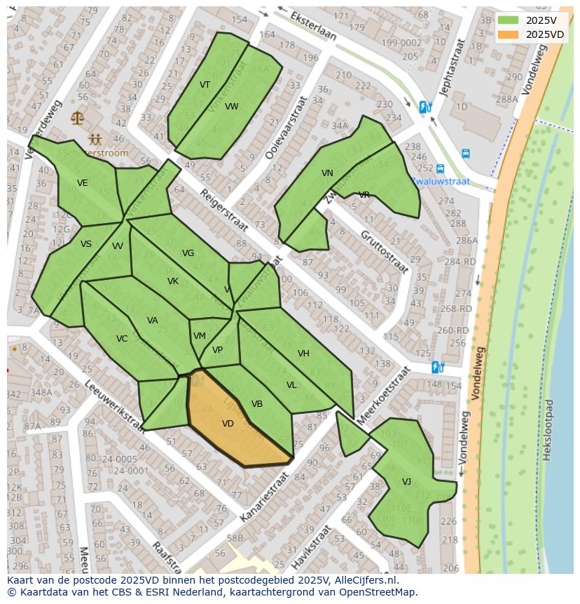 Afbeelding van het postcodegebied 2025 VD op de kaart.