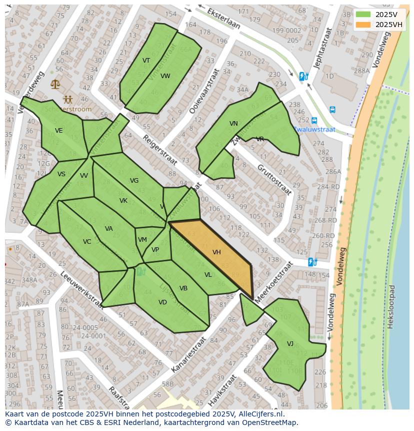 Afbeelding van het postcodegebied 2025 VH op de kaart.