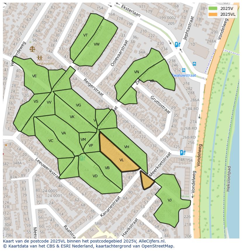 Afbeelding van het postcodegebied 2025 VL op de kaart.