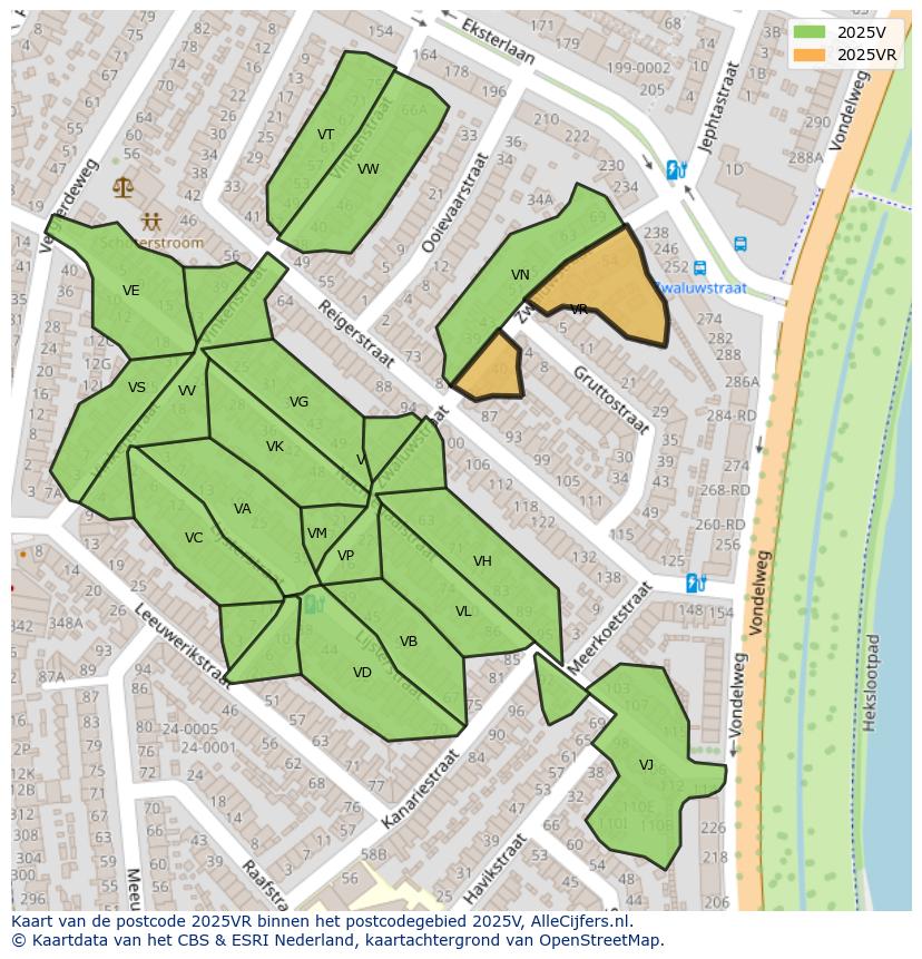 Afbeelding van het postcodegebied 2025 VR op de kaart.