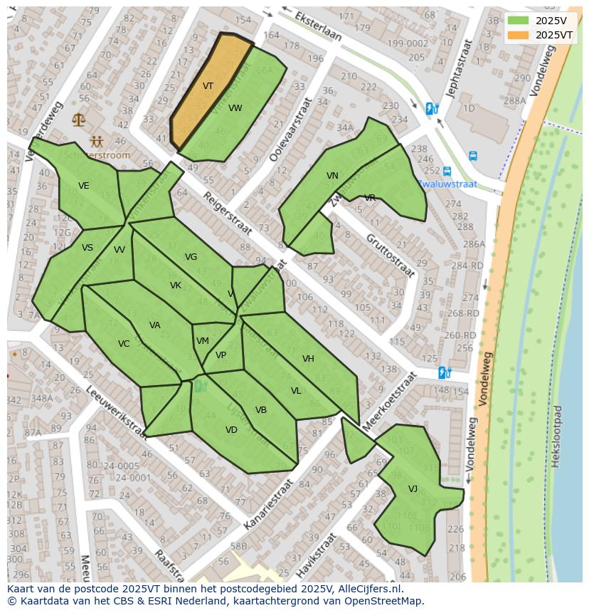 Afbeelding van het postcodegebied 2025 VT op de kaart.