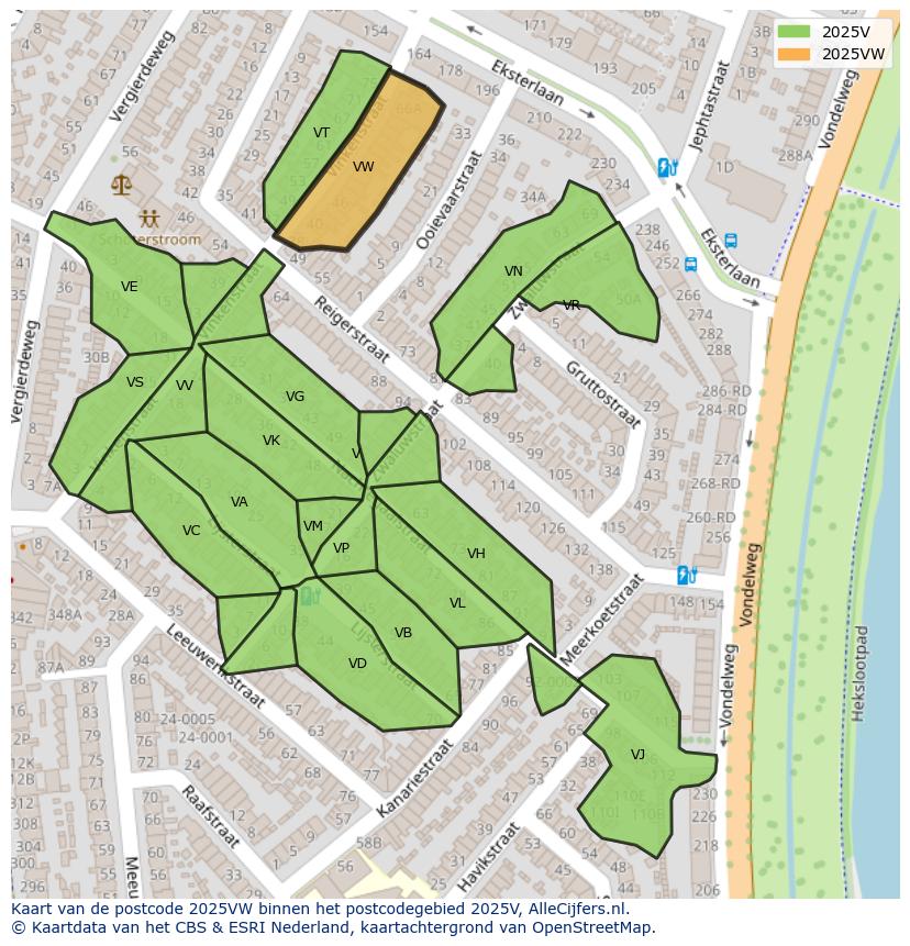 Afbeelding van het postcodegebied 2025 VW op de kaart.