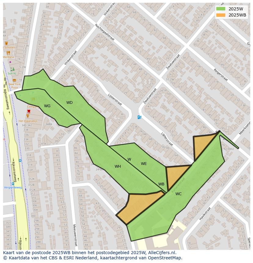 Afbeelding van het postcodegebied 2025 WB op de kaart.