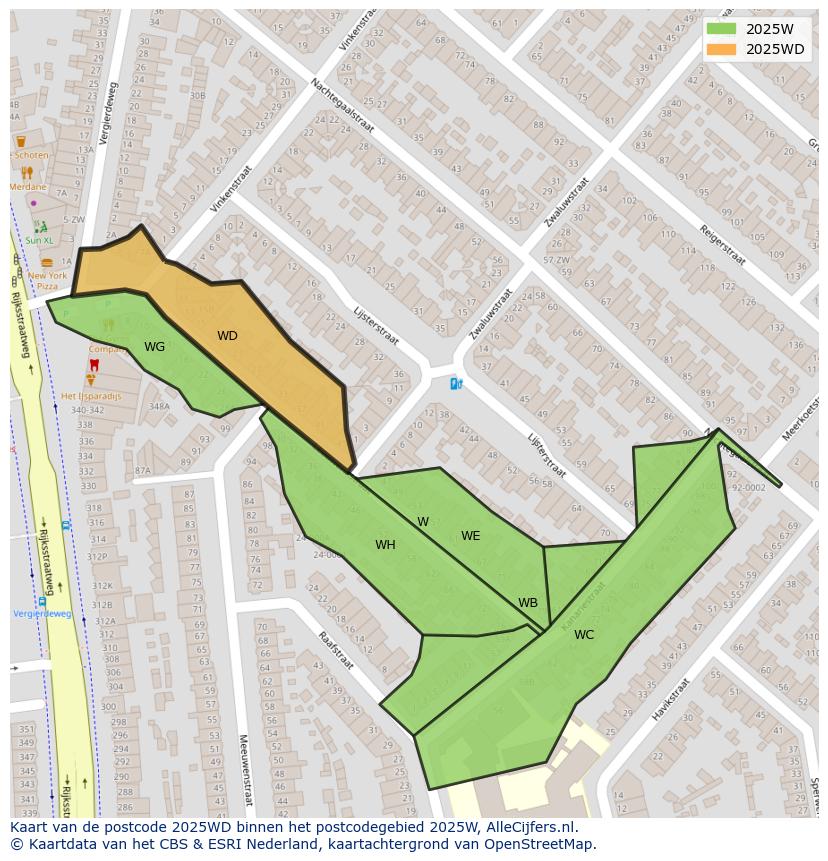 Afbeelding van het postcodegebied 2025 WD op de kaart.