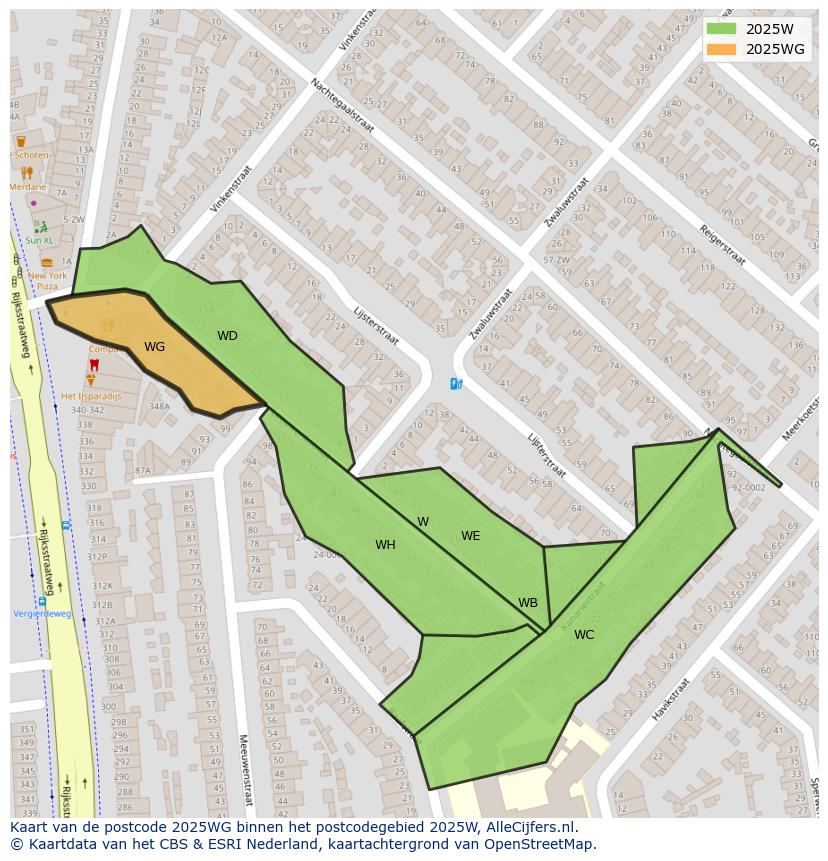 Afbeelding van het postcodegebied 2025 WG op de kaart.