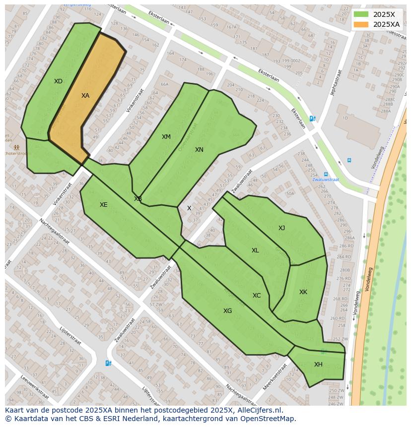 Afbeelding van het postcodegebied 2025 XA op de kaart.