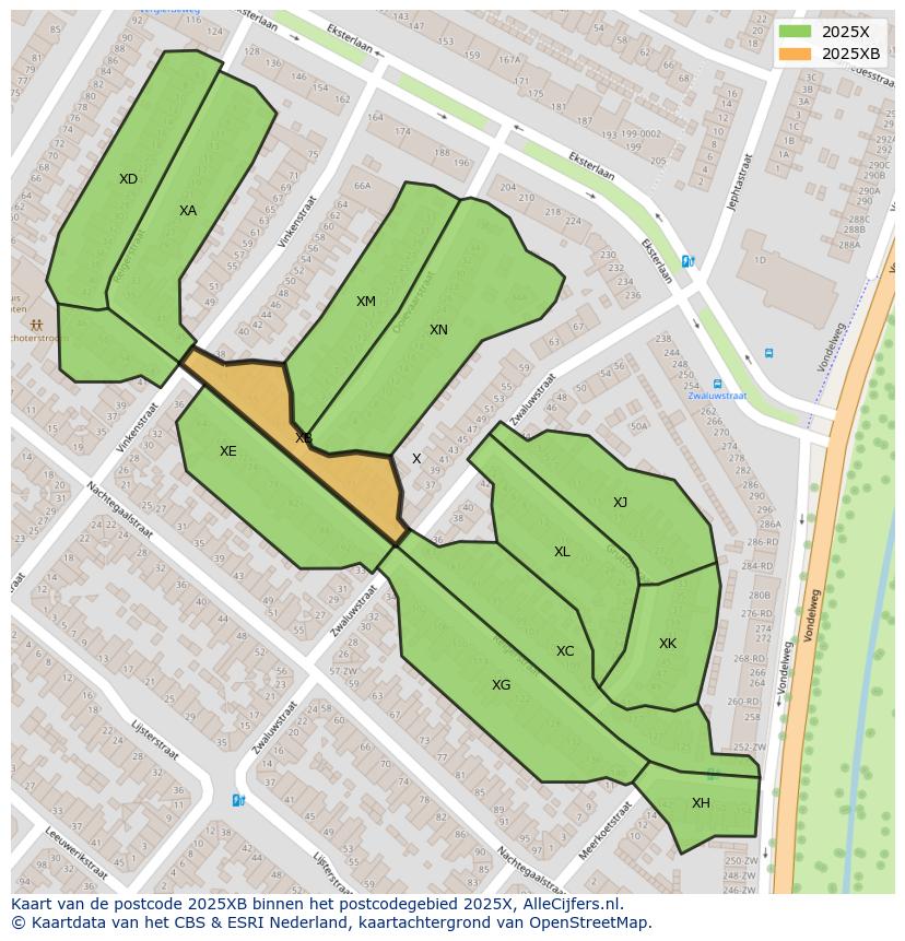 Afbeelding van het postcodegebied 2025 XB op de kaart.