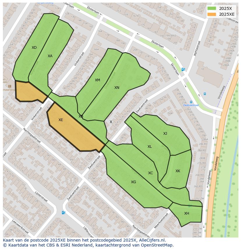 Afbeelding van het postcodegebied 2025 XE op de kaart.