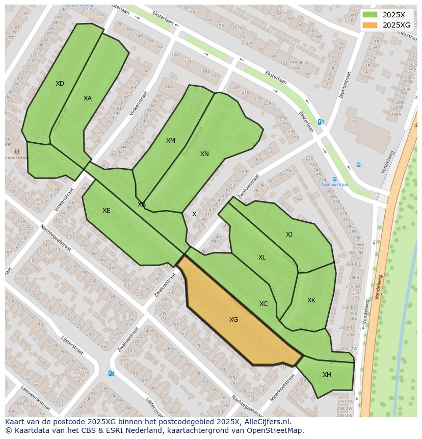 Afbeelding van het postcodegebied 2025 XG op de kaart.