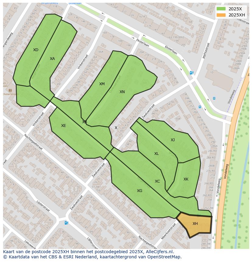 Afbeelding van het postcodegebied 2025 XH op de kaart.