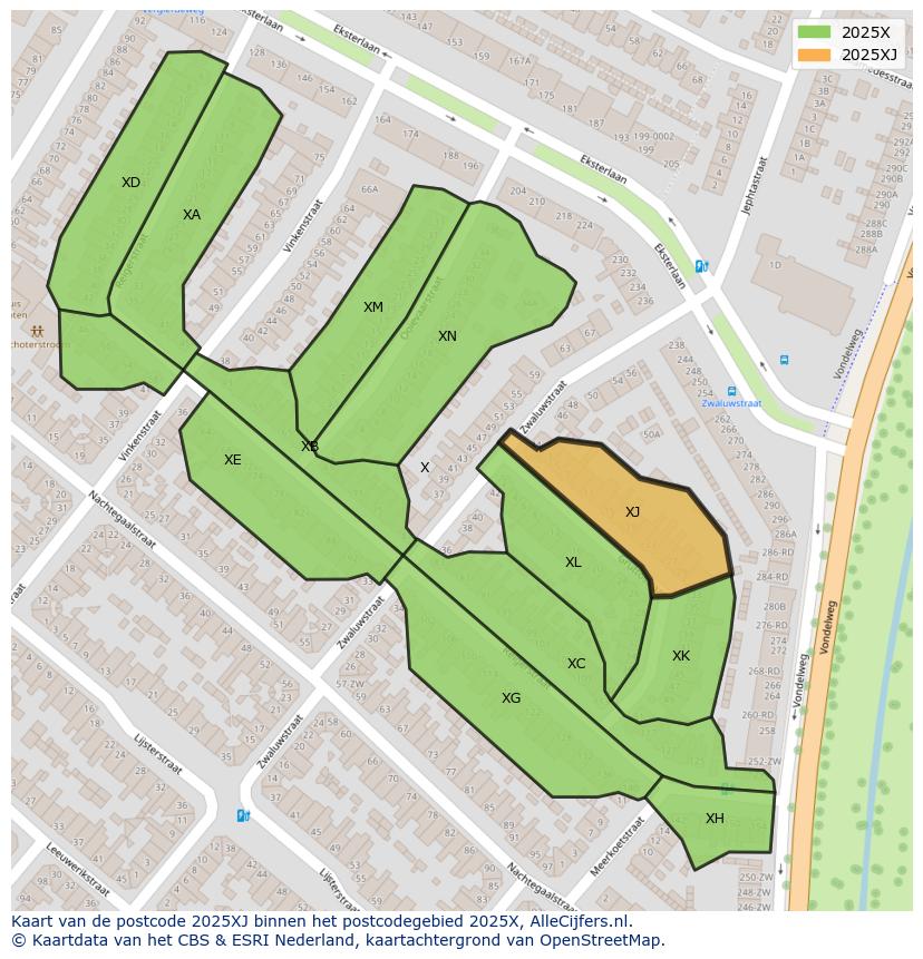 Afbeelding van het postcodegebied 2025 XJ op de kaart.
