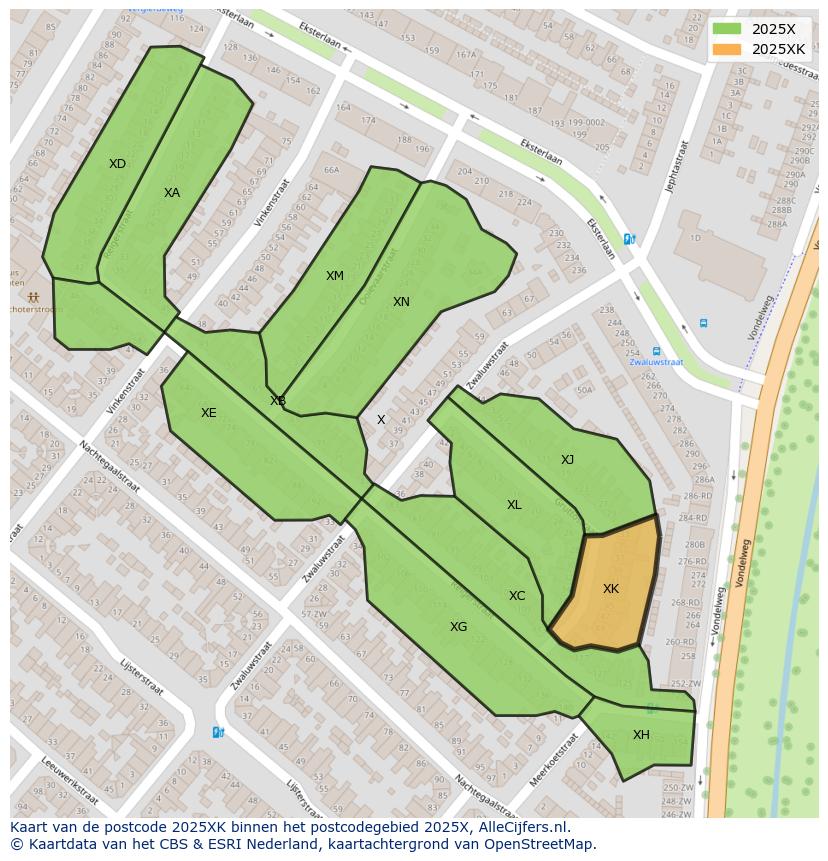 Afbeelding van het postcodegebied 2025 XK op de kaart.