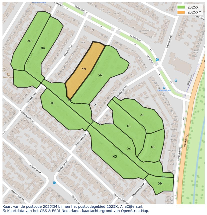 Afbeelding van het postcodegebied 2025 XM op de kaart.