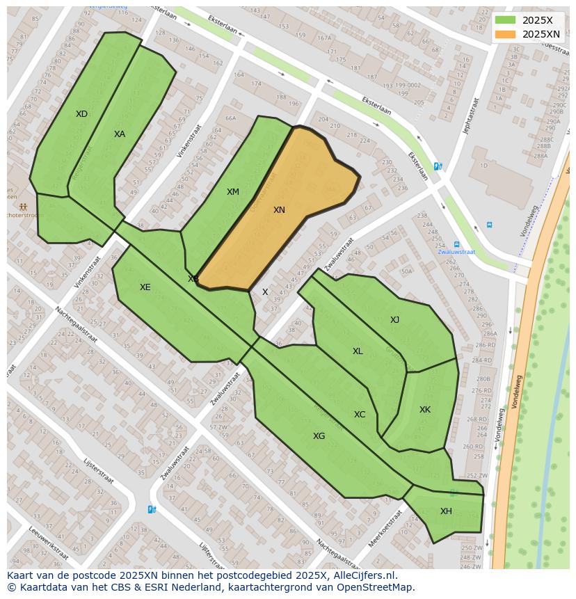 Afbeelding van het postcodegebied 2025 XN op de kaart.