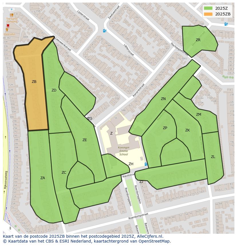 Afbeelding van het postcodegebied 2025 ZB op de kaart.