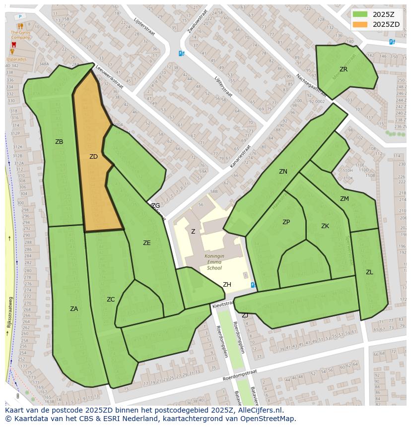 Afbeelding van het postcodegebied 2025 ZD op de kaart.