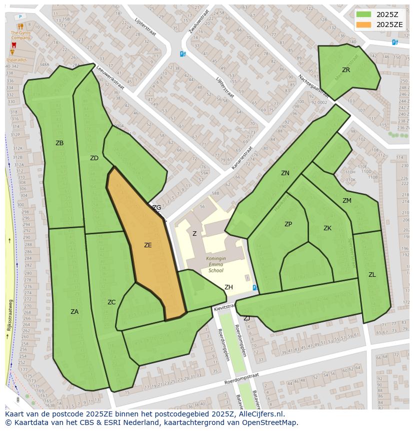Afbeelding van het postcodegebied 2025 ZE op de kaart.
