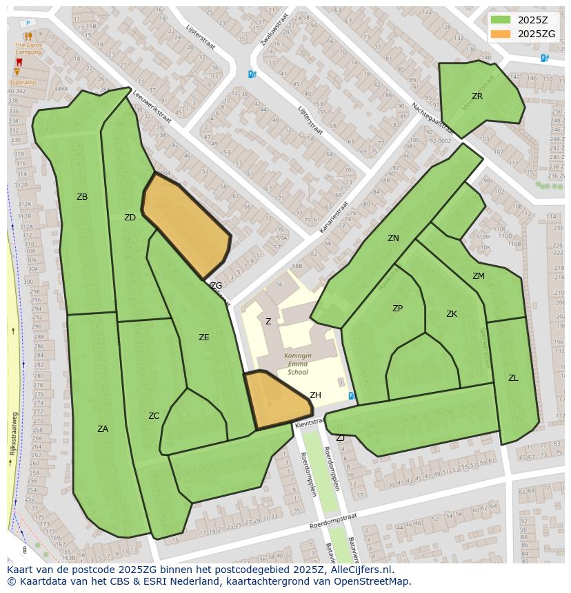 Afbeelding van het postcodegebied 2025 ZG op de kaart.