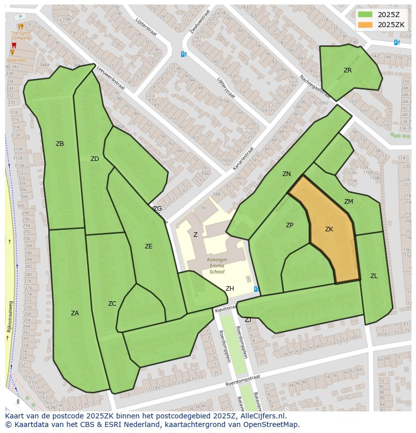 Afbeelding van het postcodegebied 2025 ZK op de kaart.