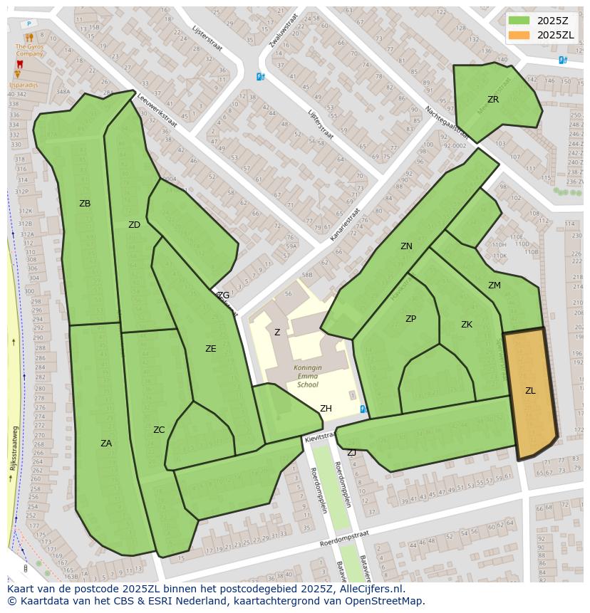 Afbeelding van het postcodegebied 2025 ZL op de kaart.