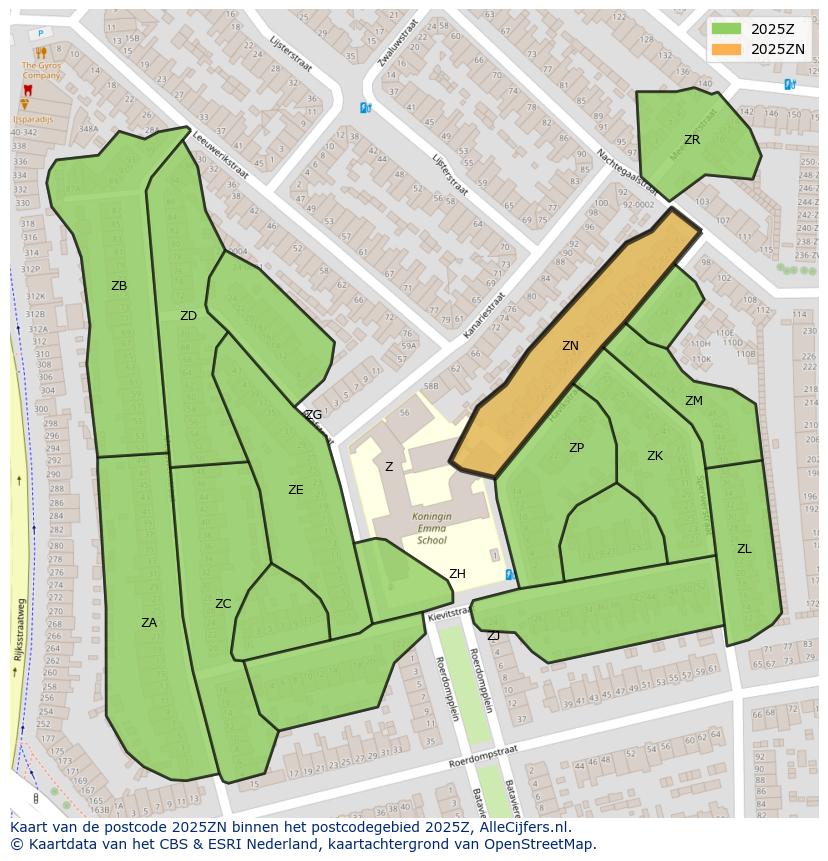 Afbeelding van het postcodegebied 2025 ZN op de kaart.