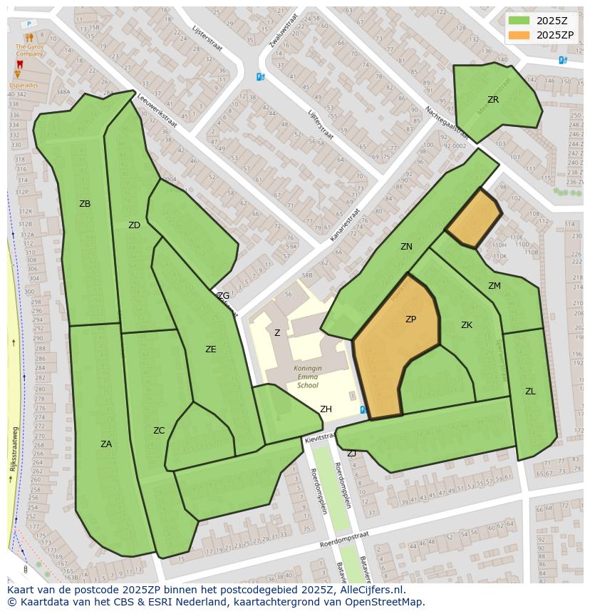 Afbeelding van het postcodegebied 2025 ZP op de kaart.