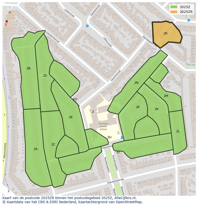 Afbeelding van het postcodegebied 2025 ZR op de kaart.