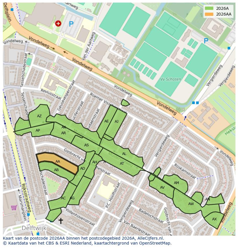 Afbeelding van het postcodegebied 2026 AA op de kaart.