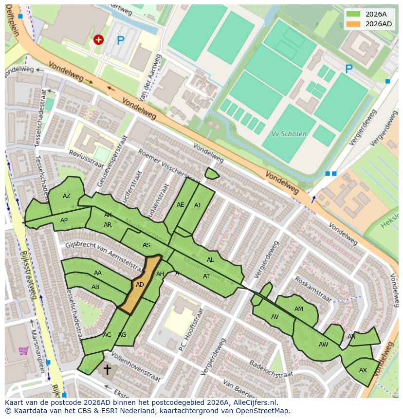 Afbeelding van het postcodegebied 2026 AD op de kaart.