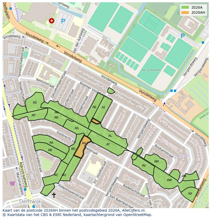Afbeelding van het postcodegebied 2026 AH op de kaart.