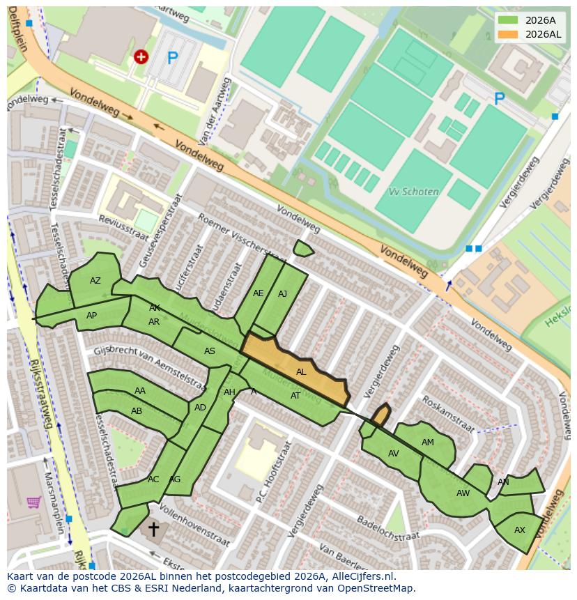 Afbeelding van het postcodegebied 2026 AL op de kaart.