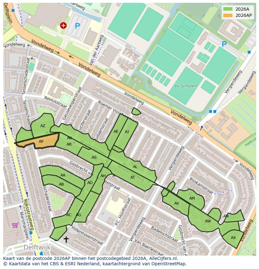 Afbeelding van het postcodegebied 2026 AP op de kaart.