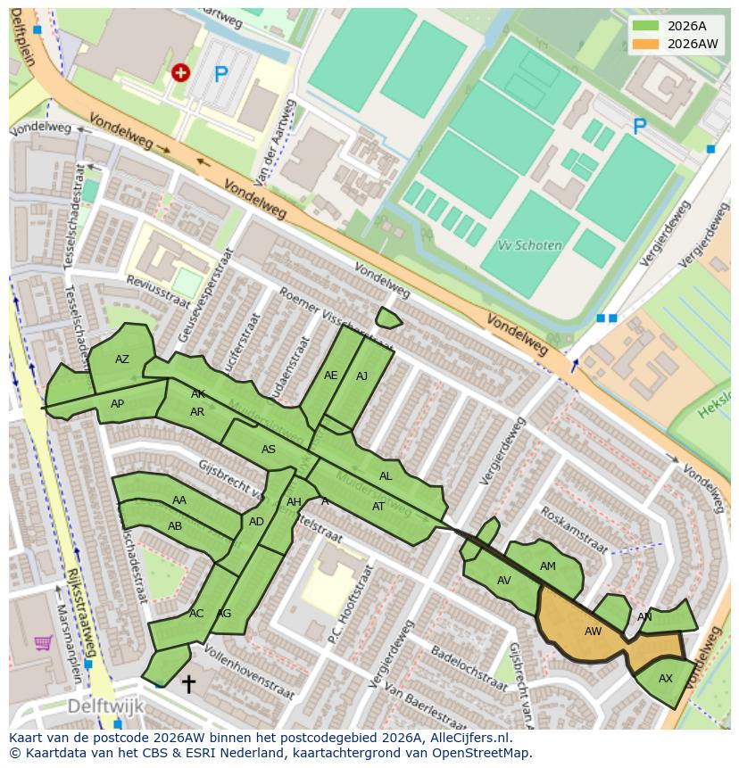 Afbeelding van het postcodegebied 2026 AW op de kaart.