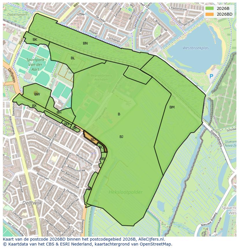 Afbeelding van het postcodegebied 2026 BD op de kaart.