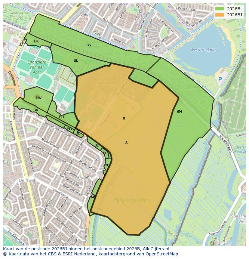 Afbeelding van het postcodegebied 2026 BJ op de kaart.