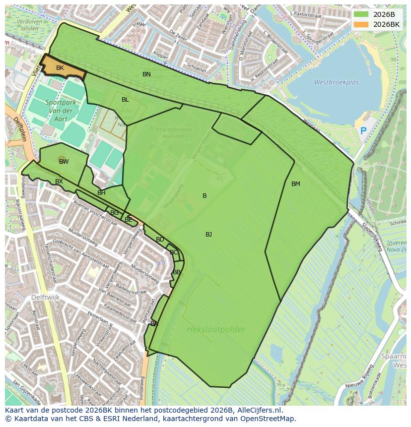 Afbeelding van het postcodegebied 2026 BK op de kaart.