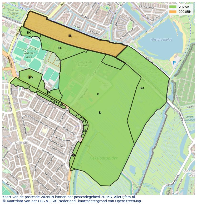 Afbeelding van het postcodegebied 2026 BN op de kaart.