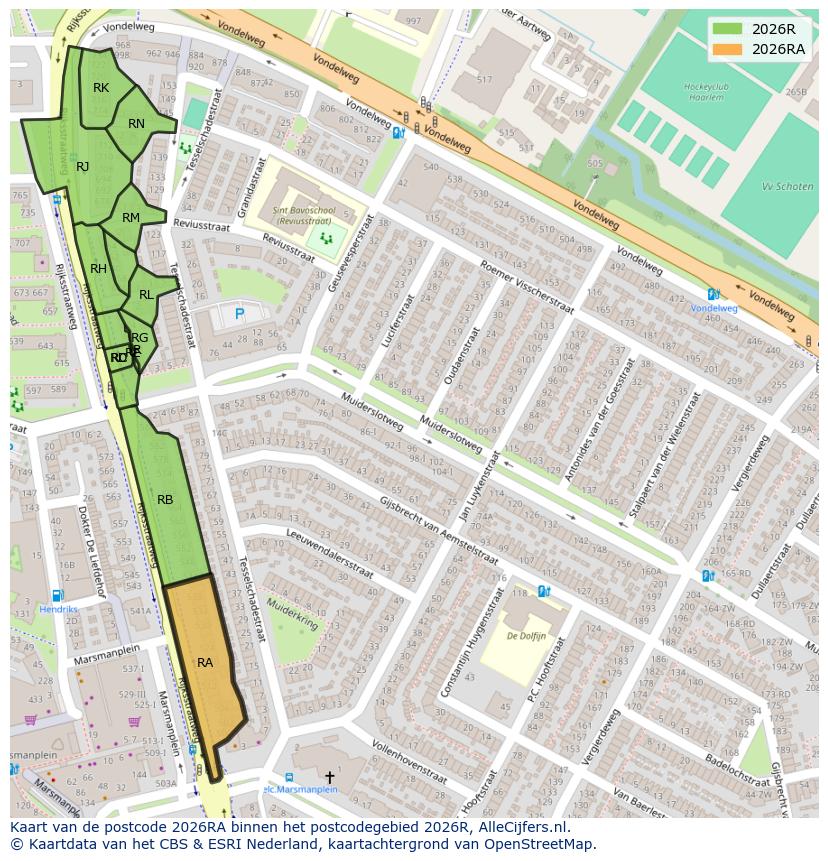 Afbeelding van het postcodegebied 2026 RA op de kaart.