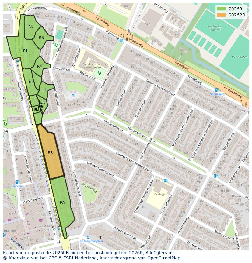 Afbeelding van het postcodegebied 2026 RB op de kaart.